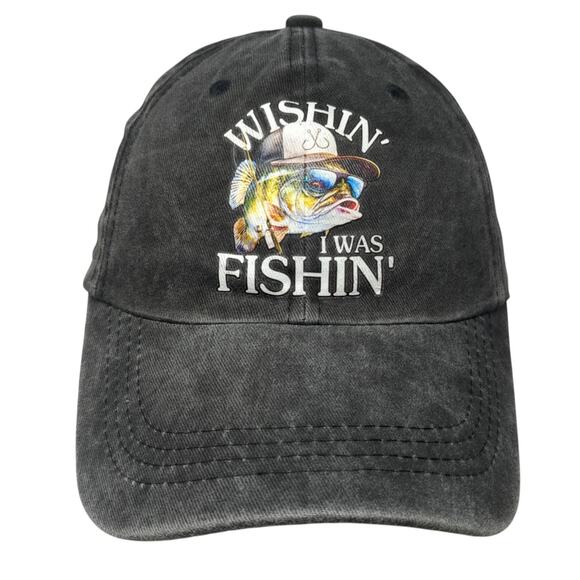 Wishin I Was Fishin' Slideback Baseball Cap Gray One Size Adjustable 6 Panel - Picture 1 of 9